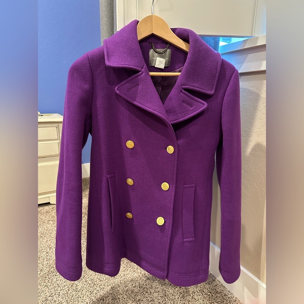 J Crew majesty, royal purple wool pea coat, size 4